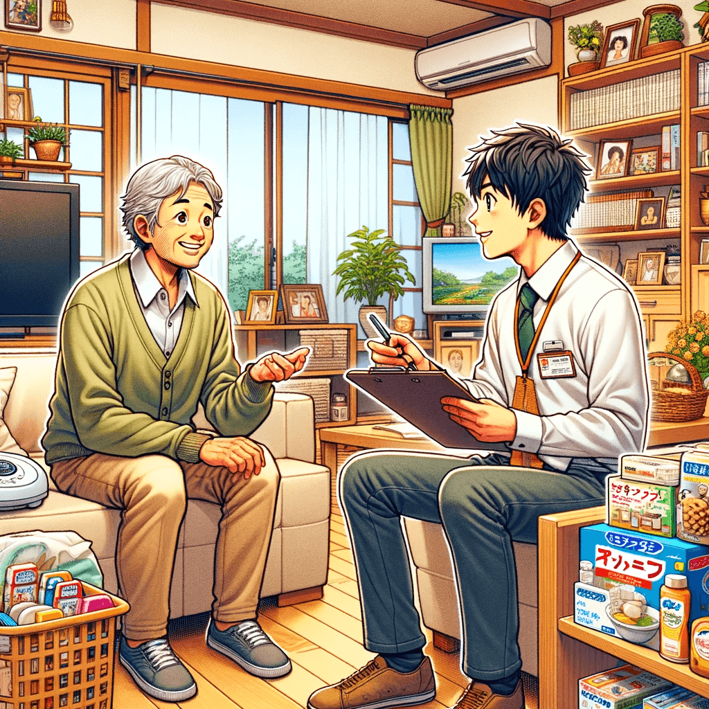 2 people in Japan conducting an interview in one of their houses.