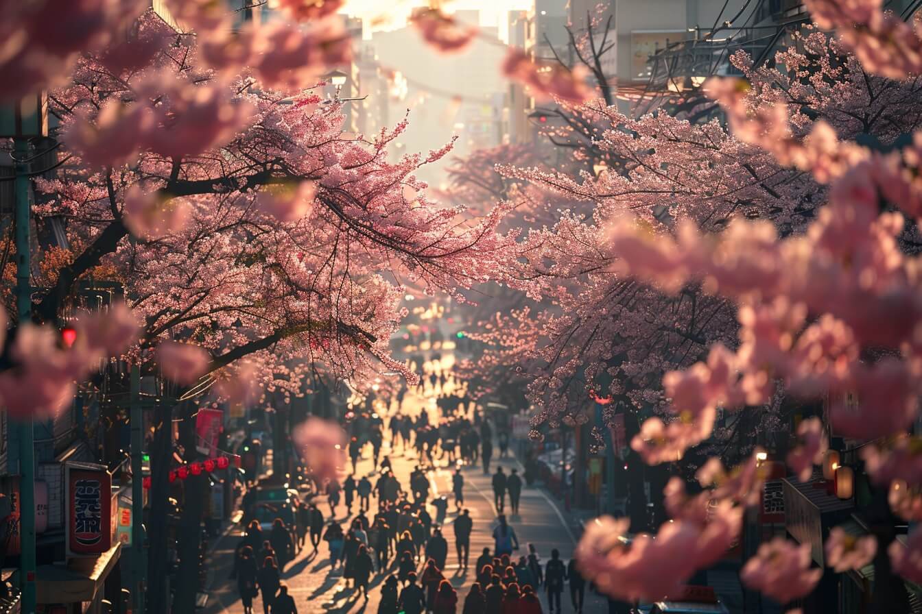 Midjourney generated image of sakura blossoms on Omotesando in Harajuku, Japan.