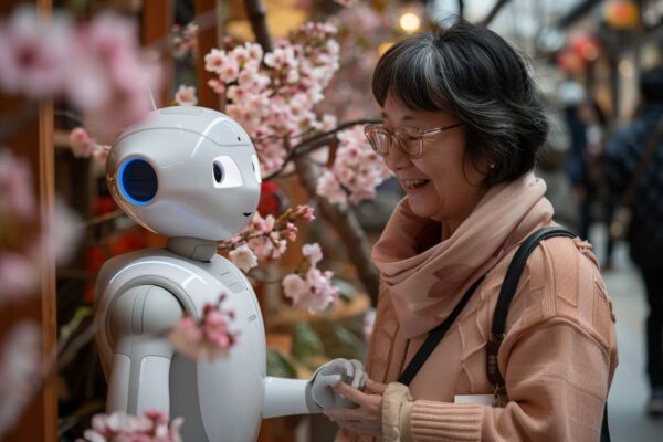 Older Japanese woman interacting with a robot.