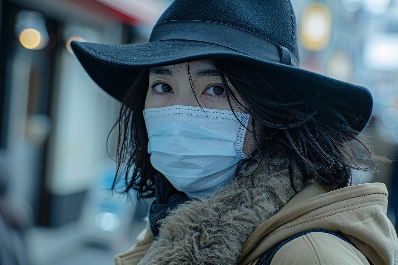 Midjourney created AI image of a Japanese woman wearing a surgical mask during Covid-19.