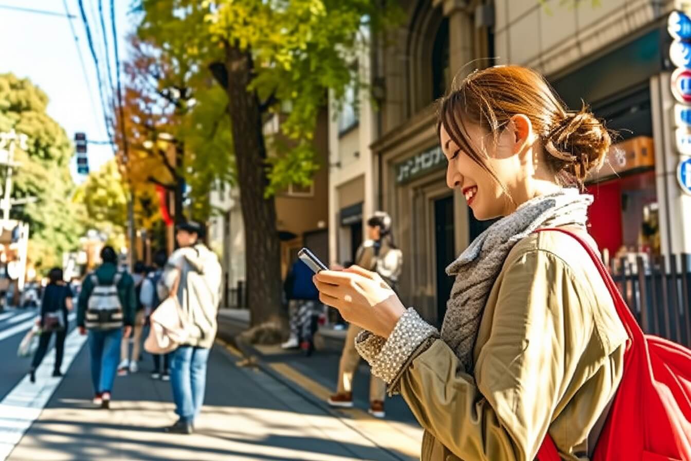 A woman happily using her smartphone on the streets of Omotesando, Tokyo. Midjourney produced.