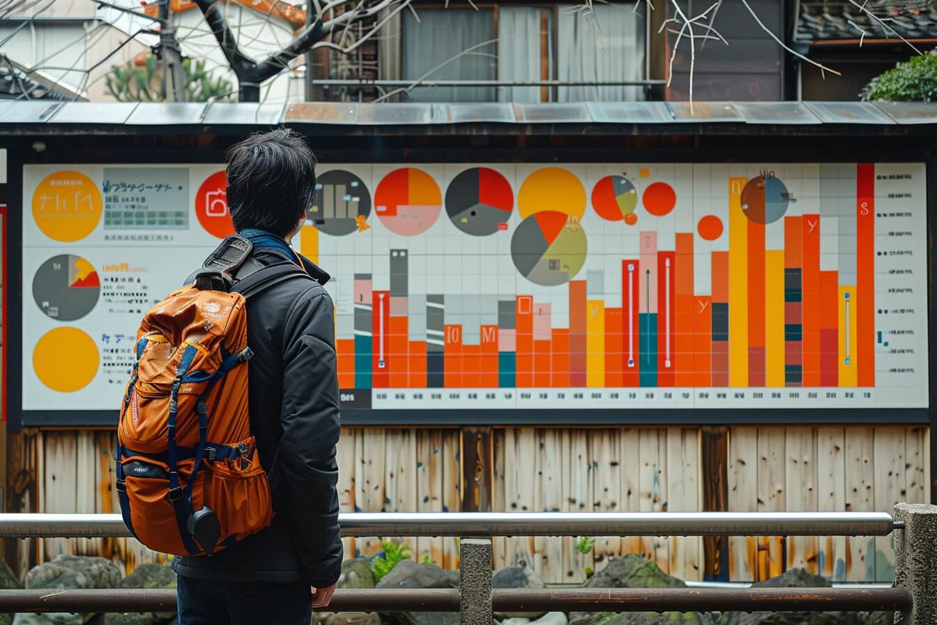 Midjourney created image of a Japanese person looking at infographics on the street of Japan.