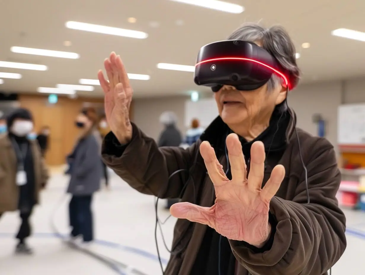 Midjourney imagining elderly Japanese people using new technology.